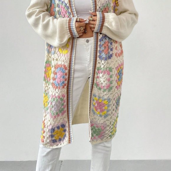 Multicolor Casual Womens Geo Pattern Drop Shoulder Open Front Cardigan - Picture 4 of 5